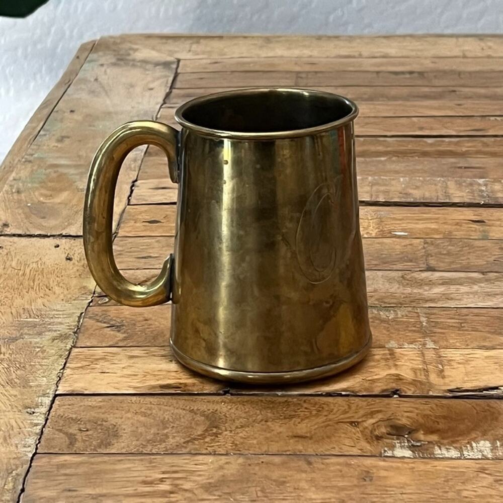 Vintage Solid Brass Tankard Mug Beer Stein 4.75" Tall "C" Etched